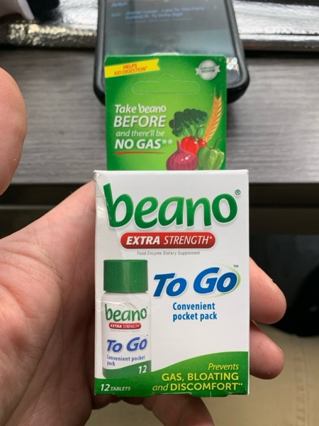Condition photo showing New/Like New for beano To Go Gas Prevention, Food Enzyme Dietary Supplement, Help Digest Gas-Causing Foods, 12 Tablets