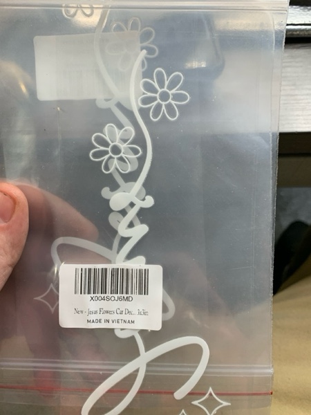 Condition photo showing New/Like New for Christian Decal 7x2.9in – “Jesus” Handwritten Script with Floral Snow Detail – Waterproof White Vinyl Sticker for Car Window, Laptop, Motorcycle – Removable Minimalist Faith Design