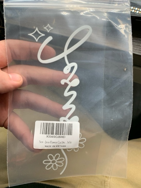 Condition photo showing New/Like New for Christian Decal 7x2.9in – “Jesus” Handwritten Script with Floral Snow Detail – Waterproof White Vinyl Sticker for Car Window, Laptop, Motorcycle – Removable Minimalist Faith Design