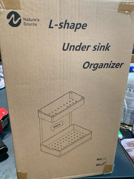 Condition photo showing New/Like New for 2 Pack Under Sink Organizer 2 Tier Sliding Cabinet Organizers Multi-Purpose Sink Storage Basket L-Shape Narrow Space Storage Shelves with 4 Hook for Kitchen Bathroom Drawer, Black 2 pack Black