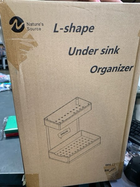 Condition photo showing New/Like New for 2 Pack Under Sink Organizer 2 Tier Sliding Cabinet Organizers Multi-Purpose Sink Storage Basket L-Shape Narrow Space Storage Shelves with 4 Hook for Kitchen Bathroom Drawer, Black 2 pack Black