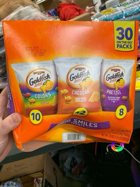 Condition photo showing New/Like New for Goldfish Crackers Big Smiles Variety Pack with Cheddar, Colors, and Pretzels, Snack Packs, 30 Ct