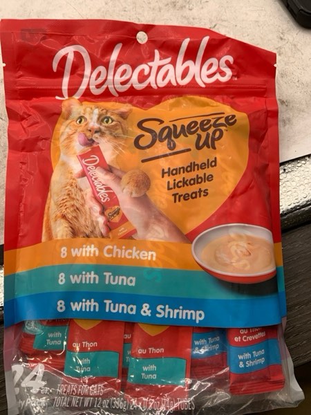 Condition photo showing New/Like New for Hartz Delectables Squeeze Up Interactive Lickable Wet Cat Treats for Adult & Senior Cats, Tuna & Shrimp, 24 Count, 12 ounces