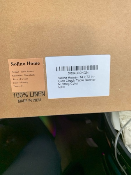 Condition photo showing New/Like New for Solino Home Linen Table Runner 36 Inches - 100% Pure Linen Glen Check Nutmeg Table Runner Ideal for Dresser and Coffee Tables Cinnamon 14 x 36 Inch