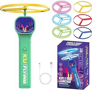 Electric Disc Launcher with 6 Flying Spinners, Glow-in-The-Dark Interactive Outdoor KU Flying Disc L