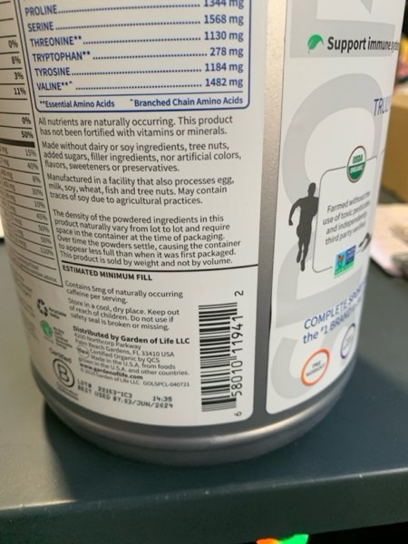 Condition photo showing As Is for Garden of Life Organic Vegan Protein Powder with Probiotics, BCAAs, NSF Certified, Gluten Free & Sport, Non GMO, Sport Protein Powder, 19 Servings, Chocolate