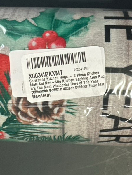 Condition photo showing New/Like New for Christmas Kitchen Rugs — 2-Piece Kitchen Mats Set — Non-Slip Kitchen Backing Area Rugs: “It's The Most Wonderful Time of The Year” Decoration Doormat, Indoor Outdoor Entry Mat (17" x 29" + 17" x 47")