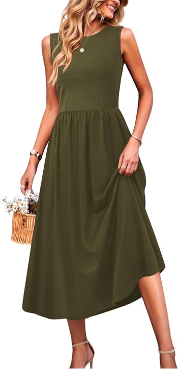 MCKOL Women’s Sleeveless Crewneck Ruched High Waisted Tank Long Sundress — Wedding Guest Cocktail Boho Maxi Dress with Pockets (Medium, Army Green)