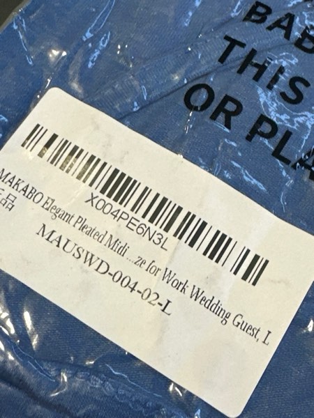 Condition photo showing New/Like New for MAKABO Women's 2026 Casual A Line Midi Pleated Round Neck Dresses with 3/4 Sleeves and Pockets for Work Club Graduation (Large, Blue)