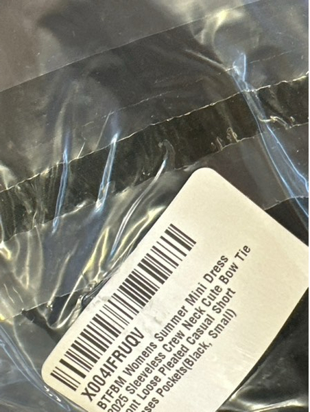 Condition photo showing New/Like New for BTFBM Women’s Summer Mini Dress 2025: Sleeveless Crew Neck Cute Bow Tie Front Loose Pleated Casual Short Dress Pockets (Black, Small)