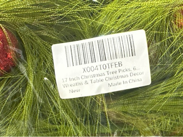 Condition photo showing New/Like New for 17 Inches Christmas Tree Picks — 6 PCS Lime Green Furry Curly Stems with Red Glitter Balls — Flexible Christmas Tree Topper Decorations for Holiday Arrangements, Wreaths & Table Christmas Decor