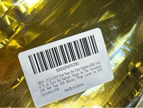 Condition photo showing New/Like New for YQUQWN New Year’s Eve Party Supplies 2026 (Pack of 74) — 4D Disco Ball Balloons, Happy New Year Banner for Happy New Year Decorations 2026, New Years 2026 Balloons, Fringe Curtain for NYE Decorations 2026