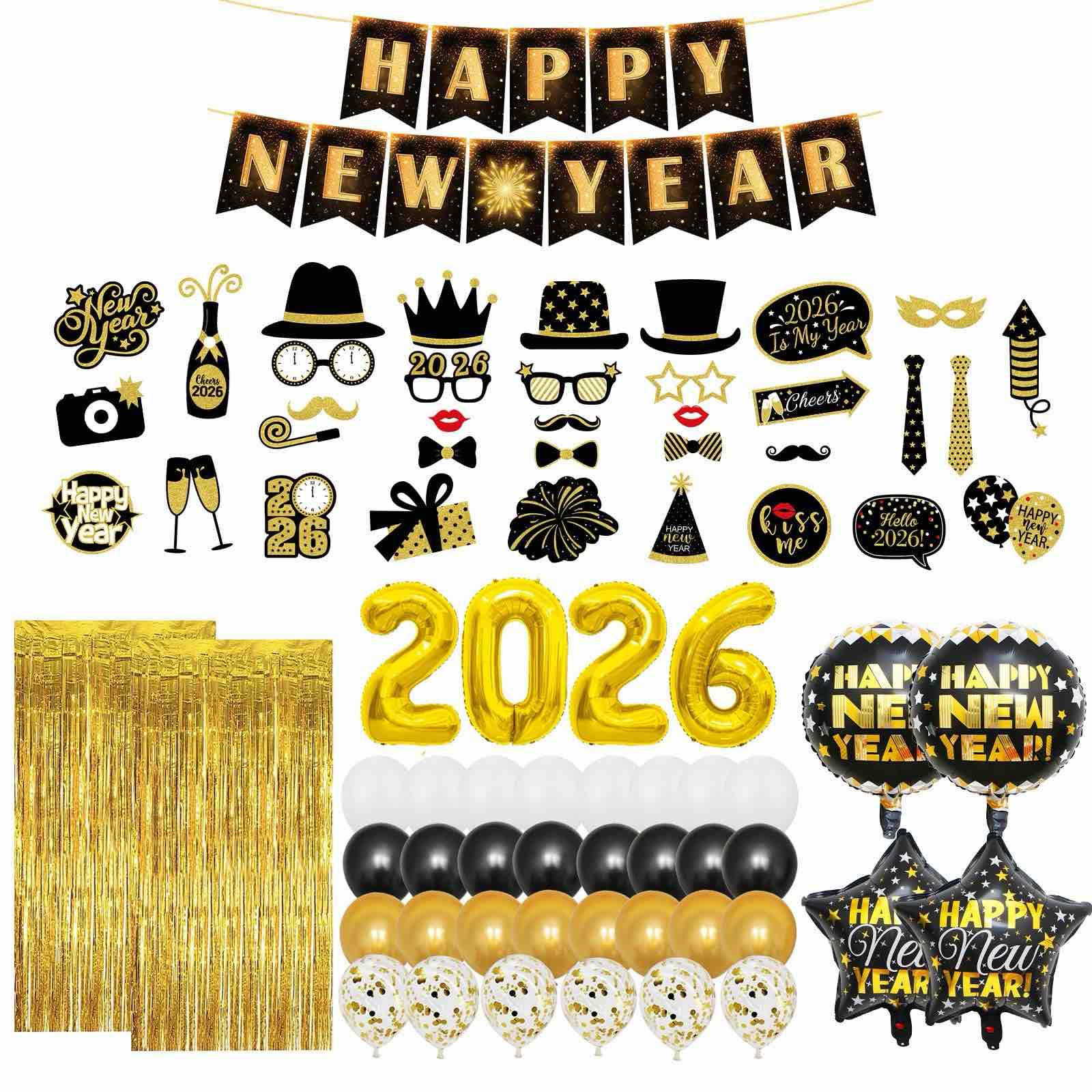 YQUQWN New Years Eve Party Supplies 2026 (Pack of 74) — 4D Disco Ball Balloons, Happy New Year Banner for Happy New Year Decorations 2026 New Years 2026 Balloons, Fringe Curtain for NYE Decorations 2026