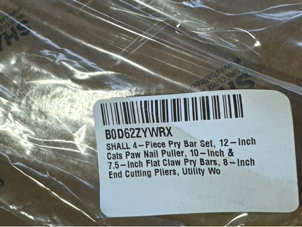 Condition photo showing New/Like New for SHALL 4-Piece Pry Bar Set — 12-Inch Cats Paw Nail Puller, 10-Inch & 7.5-Inch Flat Claw Pry Bars, 8-Inch End Cutting Pliers, Utility Wonder Crowbar, Nail Remover Tool for Baseboard, Floor, Nails Removal