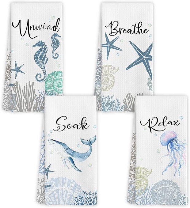 WARDOS Coastal Beach Octopus Hand Towels for Bathroom Set of 4, Ocean Marine Octopus Relax Breathe S