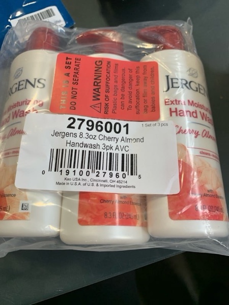 Condition photo showing New/Like New for Jergens Extra Moisturizing Hand Soap, Liquid Hand Soap Dispenser with Jergens Cherry Almond Scent, Hand Wash For Dry Hands, 8.3 Ounces (Pack of 3) (B099NZPC9H)