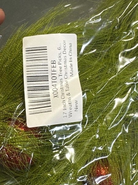 Condition photo showing New/Like New for 17 Inch Christmas Tree Picks, 6 PCS Lime Green Furry Curly Stems with Red Glitter Balls, Flexible Christmas Tree Topper Decorations for Holiday Arrangements, Wreaths & Table Christmas Decor