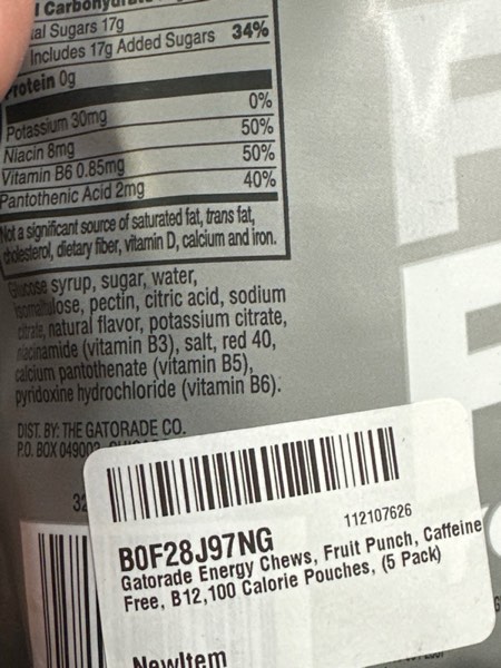 Condition photo showing New/Like New for Gatorade Energy Chews, Fruit Punch, Caffeine Free, B12,100 Calorie Pouches, (5 Pack) Fruit Punch 1 Count (Pack of 5)