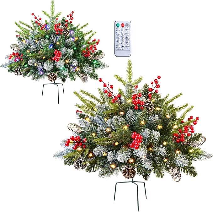set of 2 18 inch lighted outdoor christmas tree with remote, timer, multi-color lights, battery operated pre-lit frosted pathway artificial urn filler, christmas porch decorations for home porch yard