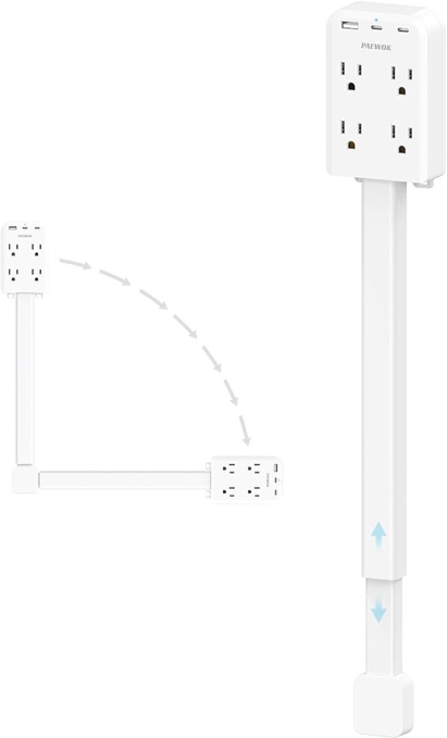 electrical outlet extender stick with usb ports(2 usb c), 180° rotating extendable wall plug with 4 ac outlet, adjustable 17.7"-27" extendable power strip stick for behind couch, desk and bed