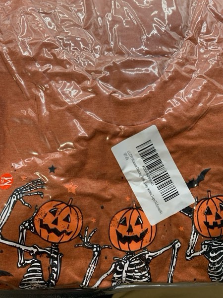 Condition photo showing New/Like New for (Medium) Womens Halloween 3/4 Sleeve V Neck Shirts Fall Halloween Funny Skull Graphic Length Sleeve Top Spooky Season Tees