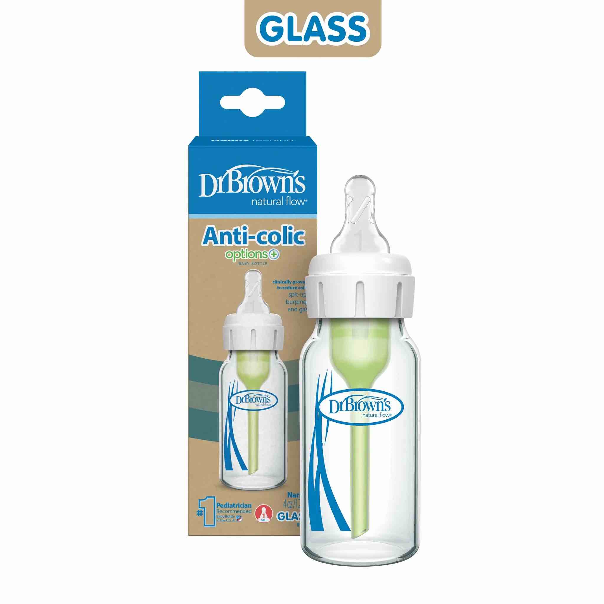 dr. brown's anti-colic options+ narrow glass baby bottle, 4 oz, level 1 slow flow nipple, 1-pack