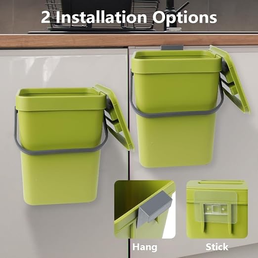 hanging small trash can with lid under sink for kitchen, 5 l/ 1.3 gallons plastic waste basket,food waste bin,kitchen compost bin for counter top,bathroom/office (green)