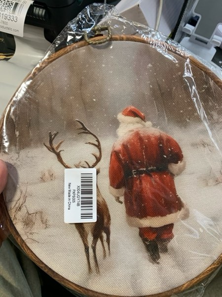 Condition photo showing New/Like New for GWFSJYU Retro Christmas Santa Framed Reindeer Wall Art Decor, Vintage Christmas Round Canvas Prints Wall Art, Rustic Winter Santa Claus Hanging Decor for Bathroom Living Room Home, 10”x10”inch