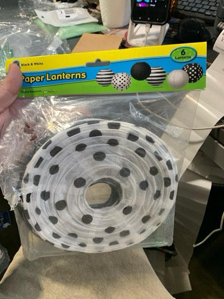 Condition photo showing New/Like New for Treela Black and White Paper Lanterns Back to School Classroom Decorative 8" Round Hanging Paper Lanterns Chinese Japanese Striped Polka Dots Black and White Office Decor for Birthday Party(6 Pack)