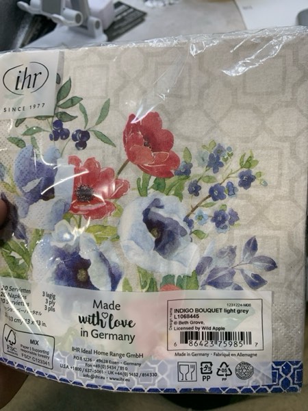 Condition photo showing New/Like New for IHR Ideal Home Range Party Napkins Disposable 3-Ply Paper Lunch Napkin Pack, 6.5" x 6.5", Indigo Bouquet Light Grey, 20-Count