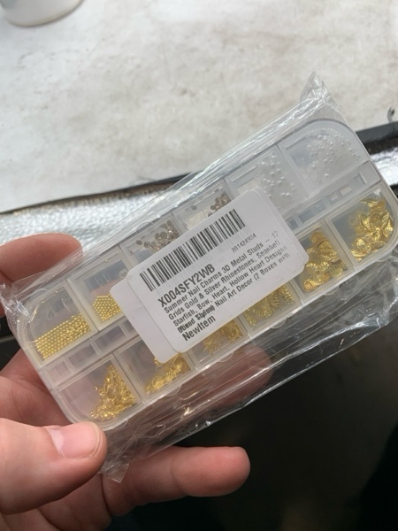 Condition photo showing New/Like New for Fall Metal Nail Charms 3D Metal Studs - 12 Grids Gold & Silver Rhinestones, Seashell, Starfish, Bow, Heart, Hollow Heart Designs - Ocean Theme Nail Art Decor, Cute Nail Charms(2 Boxes)