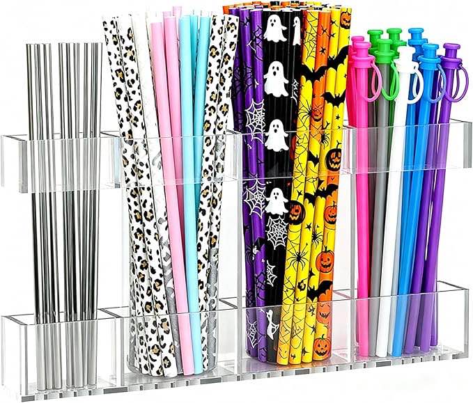 EOYVTX Large Acrylic Straw Holder for Cabinet Door, 9.5” Reusable Tumbler Straw Holder with Ultra Sticky Adhesive Squares and Stickers (Transparent)