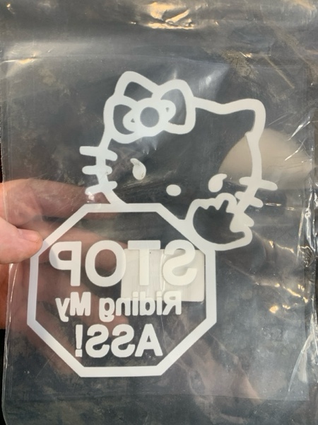 Condition photo showing New/Like New for Funny Car Decal 7x6in – “Stop Riding My Ass” Cute Kitty Parody – Waterproof Vinyl Sticker for Car Window, Laptop, Motorcycle – Removable White Funny Bumper Warning