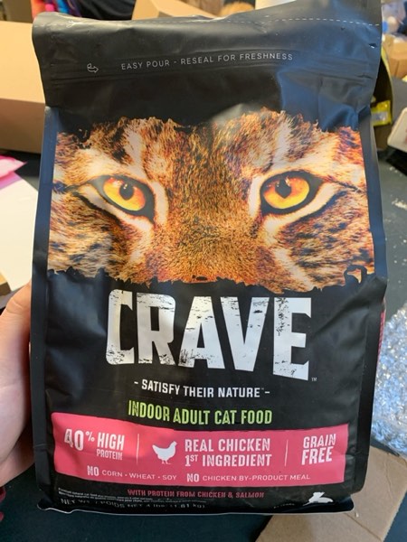 Condition photo showing New/Like New for CRAVE Grain Free Indoor Adult High Protein Natural Dry Cat Food with Protein from Chicken & Salmon, 4 lb. Bag