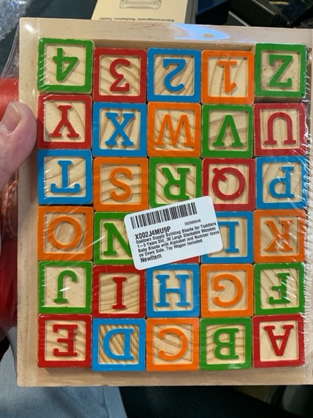 Condition photo showing New/Like New for Building Blocks for Toddlers 1-3 Years Old, 30 Large Stackable Wooden Baby Blocks with Alphabet and Number Icons on Every Side, Toy Wagon Included 30 Blocks + Wagon