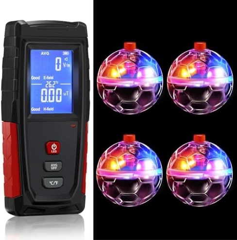 Relaxweex Ghost Hunting Equipment Kit Includes 1 Pcs Emf Detector 4 Pcs Light up Motion Activated Cat Balls, Home and Office Emf Detection Emf Meter LED Cat Balls for Outdoor Pet Cat Dog