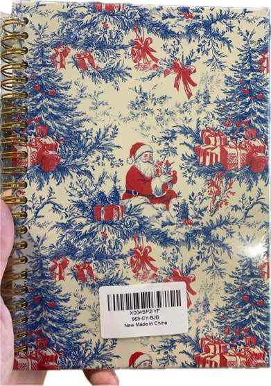 Blue and Red Chinoiserie Christmas Santa Spiral Notebook — Grandmillennial Christmas Journal Gifts for Women — Vintage Blue Christmas Tree Santa Notebook for Note Taking