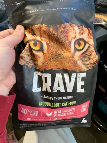 Condition photo showing New/Like New for CRAVE Grain Free Indoor Adult High Protein Natural Dry Cat Food with Protein from Chicken & Salmon, 4 lb. Bag