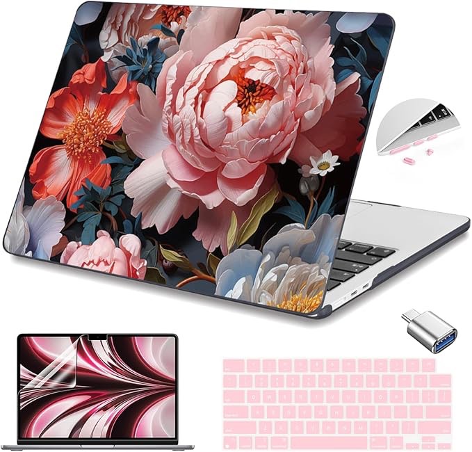 May Chen for M4 MacBook Air 13.6 inch Case A3240 A3113 A2681 M3 M2 2025 2024 2023 2022 Release, Fold Kickstand Pattern Hard Shell Case for M4 Air 13.6" Laptop with Keyboard Cover, Rose Flower