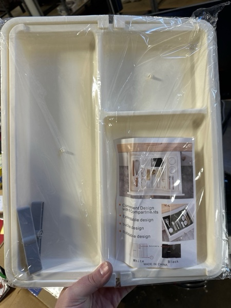 Condition photo showing New/Like New for Silverware Organizer, Expandable Cutlery Drawer Organizer Utensil Tray for Home and Kitchen, Upgrade Adjustable Plastic Storage Flatware Holder for Forks, Spoons and Knives Large White