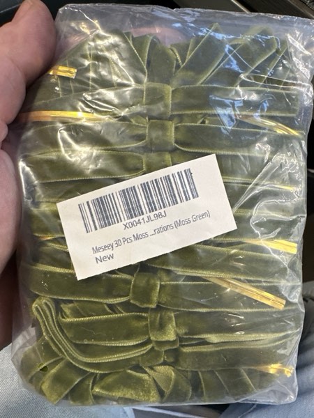 Condition photo showing New/Like New for 30 Pcs Moss Green Velvet Christmas Bows 5 x 7 Inch Rustic Vintage Wedding Velvet Ribbon Gift Bows for Tree Wreath Garland Home Decor Indoor Outdoor Decorations (Moss Green) Moss Green Polyester