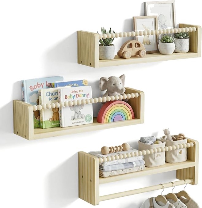 Love-KANKEI Natural Wood Nursery Floating Shelves with Towel Bar,Wall Book Shelves for Kids Room,Bed