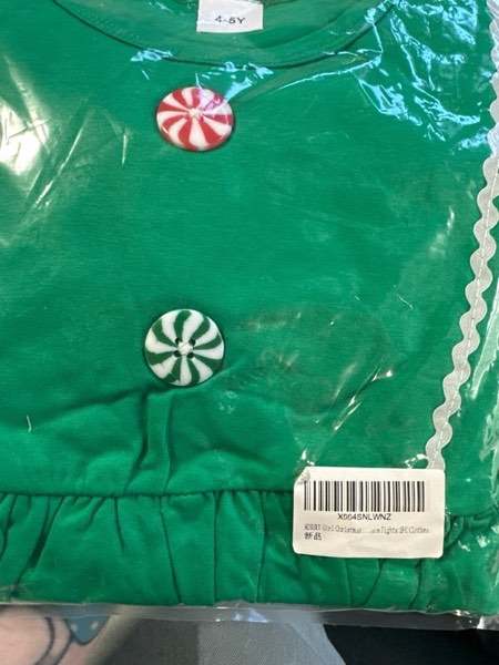 Condition photo showing New/Like New for (Size 4-5Y) ADXSUN Girl Christmas Outfit Christmas Tree/Gingerbread Man Embroidered Dress Top +Lace Tights 2PC C