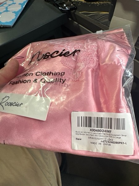Condition photo showing New/Like New for (Large) Rooscier Women's Lace Satin Slip Split Spaghetti Strap Nightwear Sexy Party Mini Dress X-Large Solid Pink