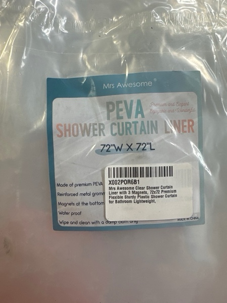 Condition photo showing New/Like New for Mrs Awesome Clear Shower Curtain Liner with 3 Magnets, 72x72 Premium Flexible Sturdy Plastic Shower Curtain for Bathroom Lightweight, Waterproof, Clear 1a. Clear 72"W x 72"L (Pack of 1)
