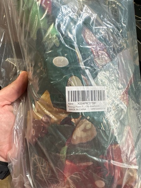 Condition photo showing New/Like New for Pureegg Plastic Table Cloth Disposable 10 Pack, 54 x 108 Inch Table Cloths for Parties, Decorative Tablecloths for Rectangle Tables, Christmas Tablecloth Plastic, Leakproof & Sturdy, Christmas Green Christmas Green 54" X 108" Rectangle