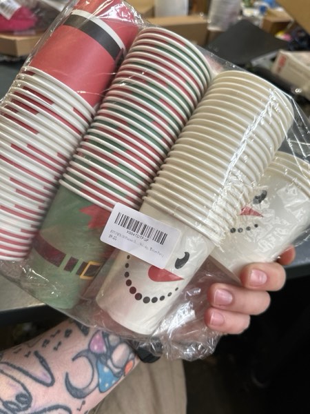 Condition photo showing New/Like New for 100 Pcs 9 oz Christmas Paper Cups,Xmas Disposable Coffee Cups,Nowflake Santa Snowman Elk Drinking Coffee Hot ColdTea Paper for Daily Use Holiday, Winter Party