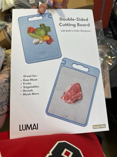 Condition photo showing New/Like New for Blue Stainless Steel Cutting Board for Raw Meat & PP Wheat Straw for Fruits, Veggies & Bread, Non Toxic Cutting Board for Kitchen w/Knife Sharpener, Stainless Steel Chopping Boards for Kitchen
