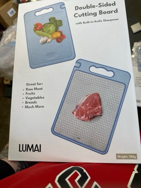 Condition photo showing New/Like New for Blue Stainless Steel Cutting Board for Raw Meat & PP Wheat Straw for Fruits, Veggies & Bread, Non Toxic Cutting Board for Kitchen w/Knife Sharpener, Stainless Steel Chopping Boards for Kitchen
