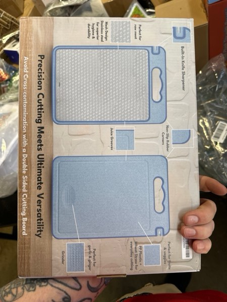 Condition photo showing New/Like New for Blue Stainless Steel Cutting Board for Raw Meat & PP Wheat Straw for Fruits, Veggies & Bread, Non Toxic Cutting Board for Kitchen w/Knife Sharpener, Stainless Steel Chopping Boards for Kitchen